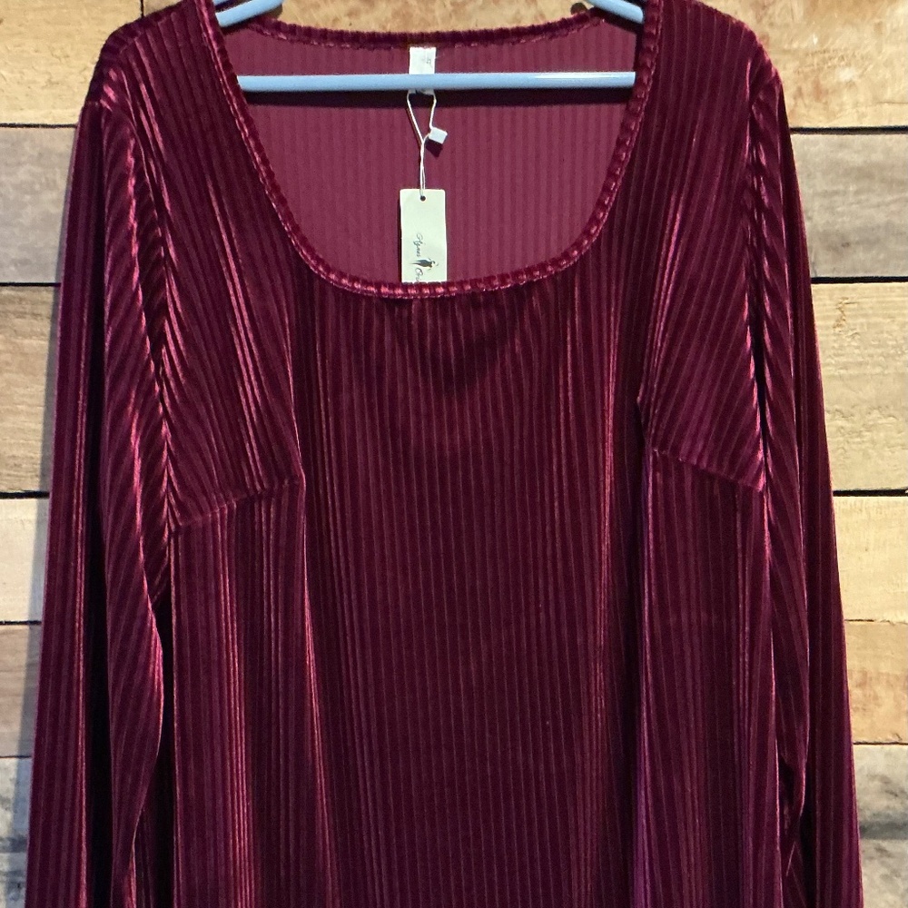 Agnes Orinda 2X Burgundy Ribbed Tunic Top Velvet Holidays Party Soft Comfy NEW‎